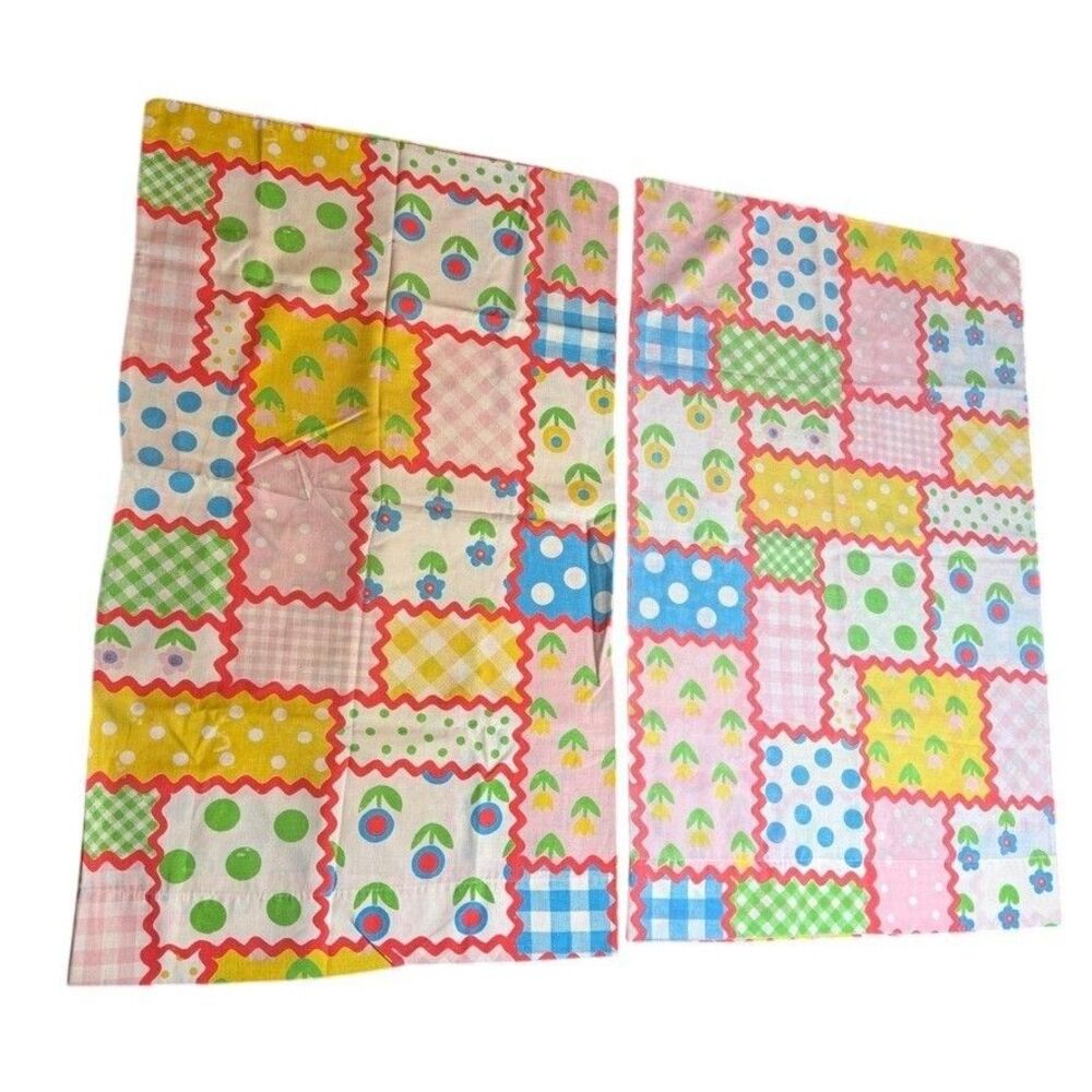 Sears Perma-Prest Pillowcase Pair Standard Multi Patchwork Floral Fine Muslin
